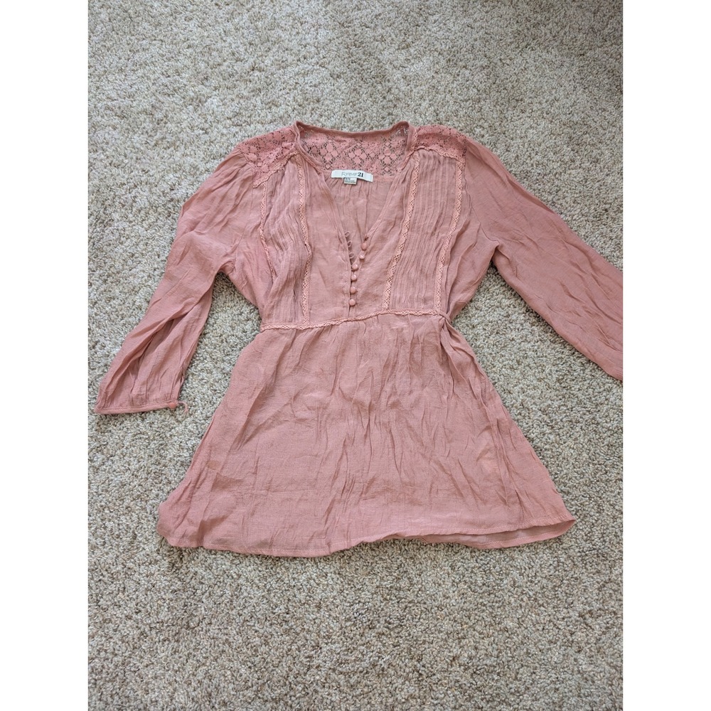 Forever 21 Dusty Rose Lace Boho Gauze Blouse Pintuck V-Neck Back Tie Medium Y2K